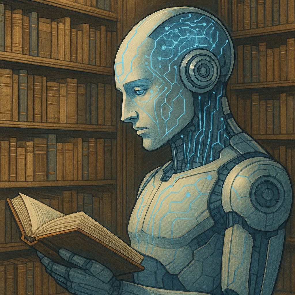 Изображение для методического издания. Робот читает книгу. Сгенерированно ИИ.